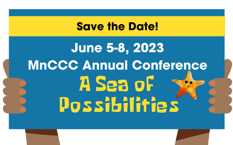 Hands holding Save the Date sign with MnCCC conference mascot and "A Sea of Possibilities"